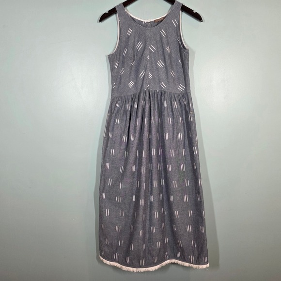 Lilla P Dresses & Skirts - Lilla P Womens XS Blue White Dash Print Cotton Maxi Dress Fringe Hem Button Back